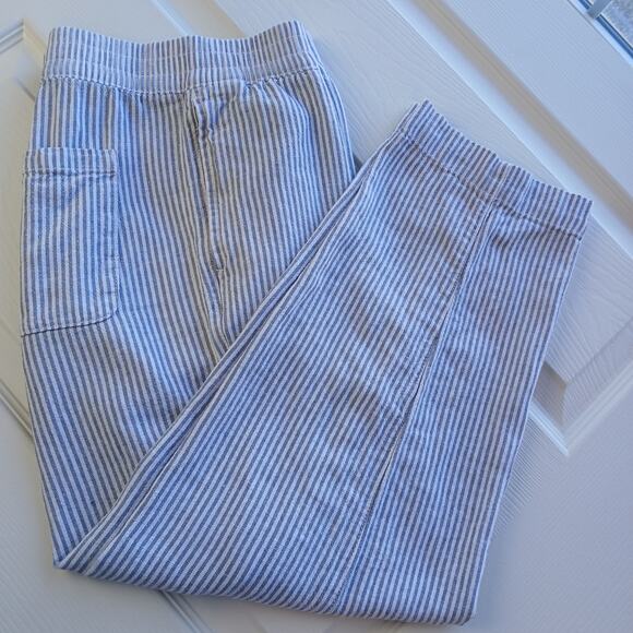 Old Navy High-Waisted Linen-Blend Pants L grey stripe pockets elastic waist - Picture 12 of 12